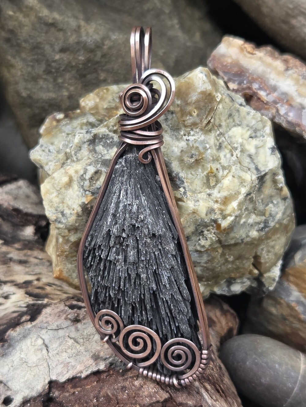 Black Kyanite Blade Copper Wire Wrap Pendant